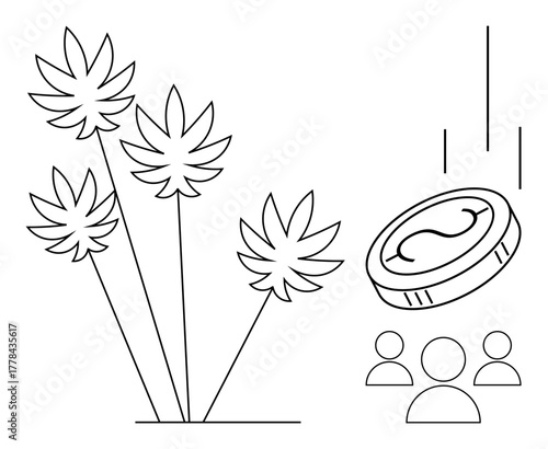 Cannabis plants with a dollar coin falling toward stylized person figures. Ideal for themes of investment, economy, healthcare, agriculture, industry, business growth, sustainability. Simple flat
