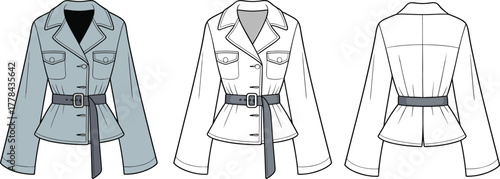 Fashion belted women jacket flat sketch, vector coat with buttons front and back view, technical drawing, apparel design template