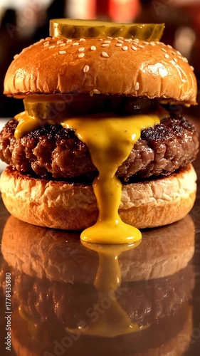 Juicy Cheeseburger with Melting Cheese on a Shimmering Reflective Surface