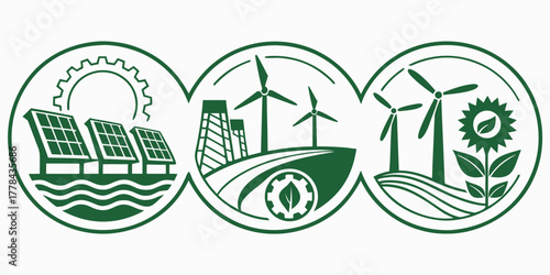 Sustainable energy concept showcasing solar panels, wind turbines, and a blooming sunflower for a greener future