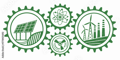 Dynamic green energy gears illustrate solar, wind, and atomic power integration for a sustainable future in modern industry