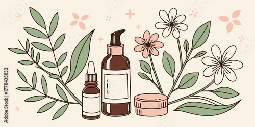 Discover natural beauty with elegant skincare bottles and delicate botanical accents for a serene spa or self care aesthetic