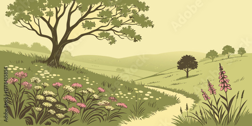 Idyllic countryside path winding through rolling green hills dotted with wildflowers and mature trees on a serene summer day