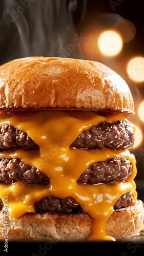 Sizzling Triple-Patty Cheeseburger with Melted Cheese and Steaming Buns in a