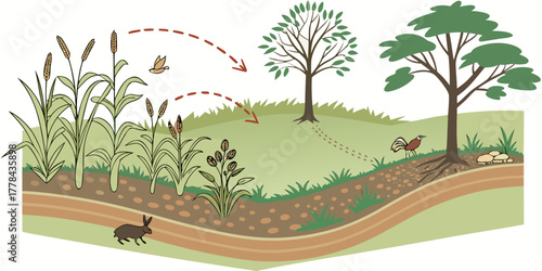 Vibrant ecosystem illustration showing plant life, trees, and animals interacting in a natural habitat with clear visual flow