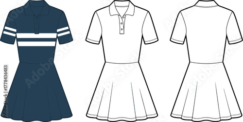 Flared polo dress technical flat sketch, sporty short sleeve design, front and back view, CAD drawing, fashion vector illustration