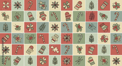 Nordic Winter Ornament Seamless Vector – Retro Candy Canes, Mittens, Pine Leaves & Stars Pattern