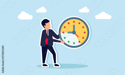 Businessman holding clock with usage indicator illustration of monitoring business project time schedule and deadline