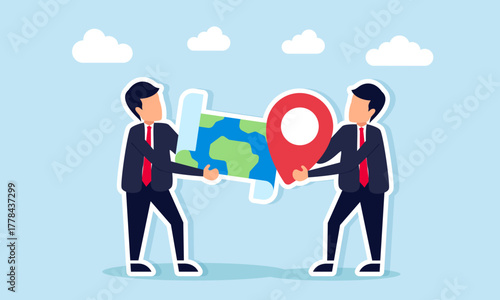 Businessmen holding map and another businessman location pin illustration of projecting and mapping potential areas for business expansion