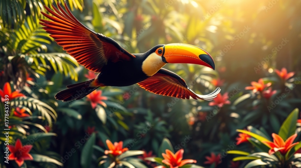 Fototapeta premium Vibrant Toucan in Flight Against a Lush Tropical Background with Colorful Flowers and Warm Sunlight