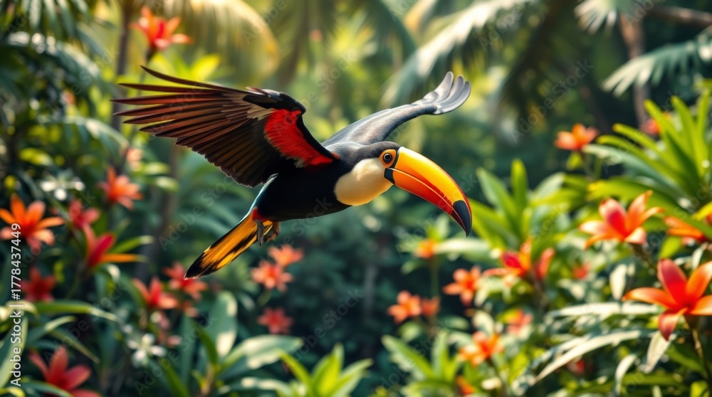 Naklejka premium Vibrant toucan in flight amidst lush tropical foliage and colorful flowers in a serene jungle environment