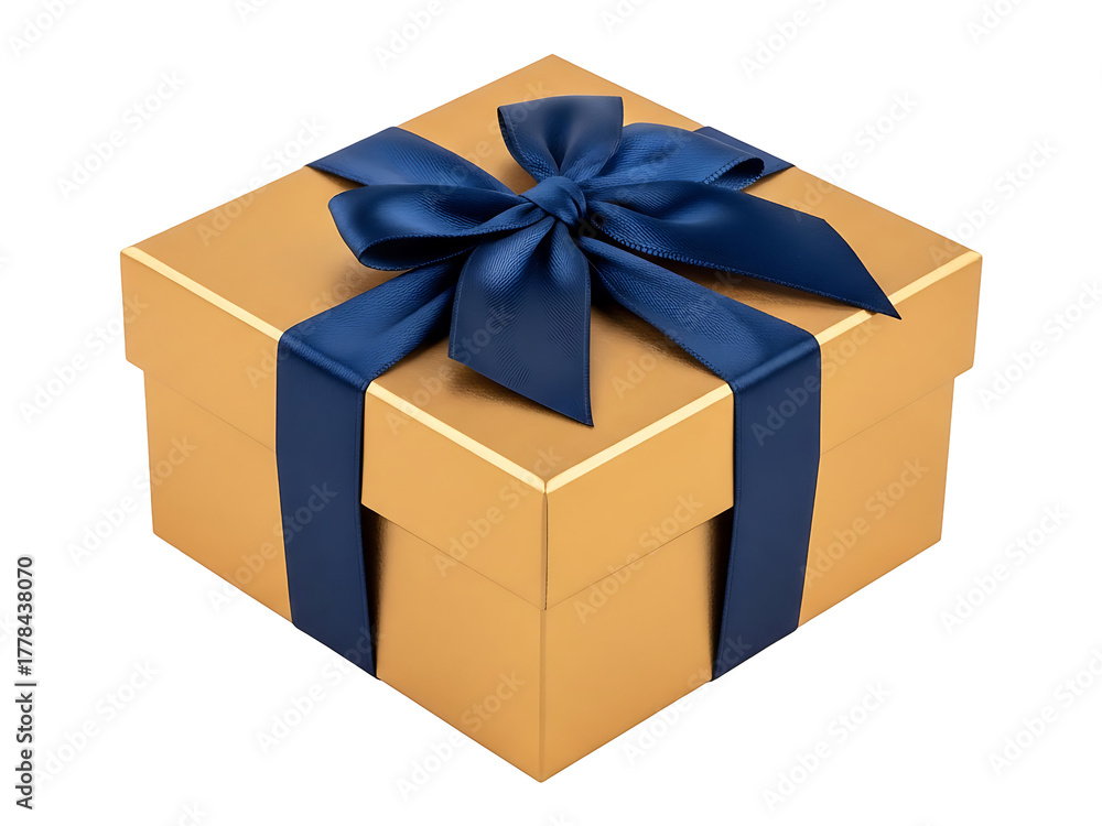 Fototapeta premium Gold gift box blue ribbon present surprise reward christmas birthday