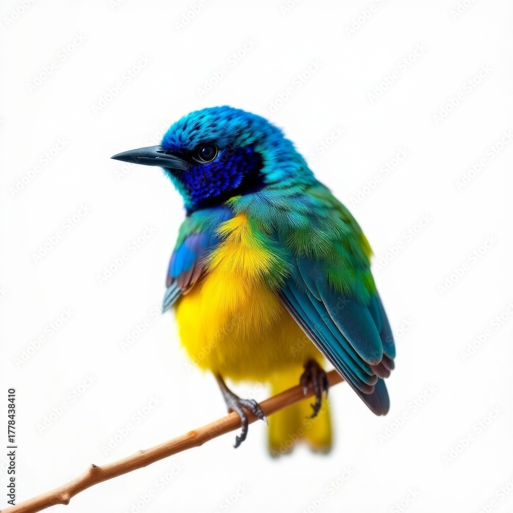Fototapeta premium Vibrant Colorful Bird Perched on a Branch Against a Light Background in a Captivating Display of Nature's Beauty
