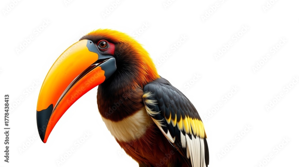 Obraz premium Vibrant Toucan with Colorful Beak Poses Against Pure White Background in Stunning Wildlife Photography