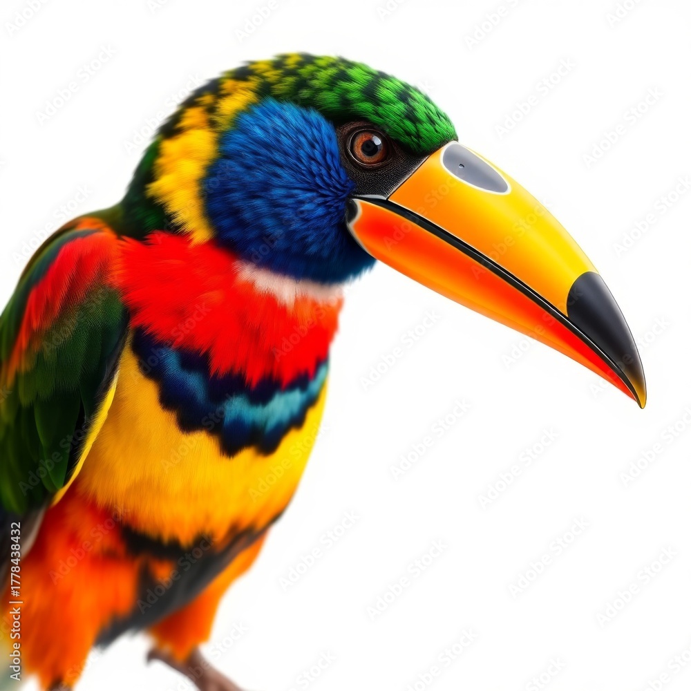 Fototapeta premium Vibrant Tropical Bird with Colorful Plumage and Distinctive Beak Perched Against a Neutral Background