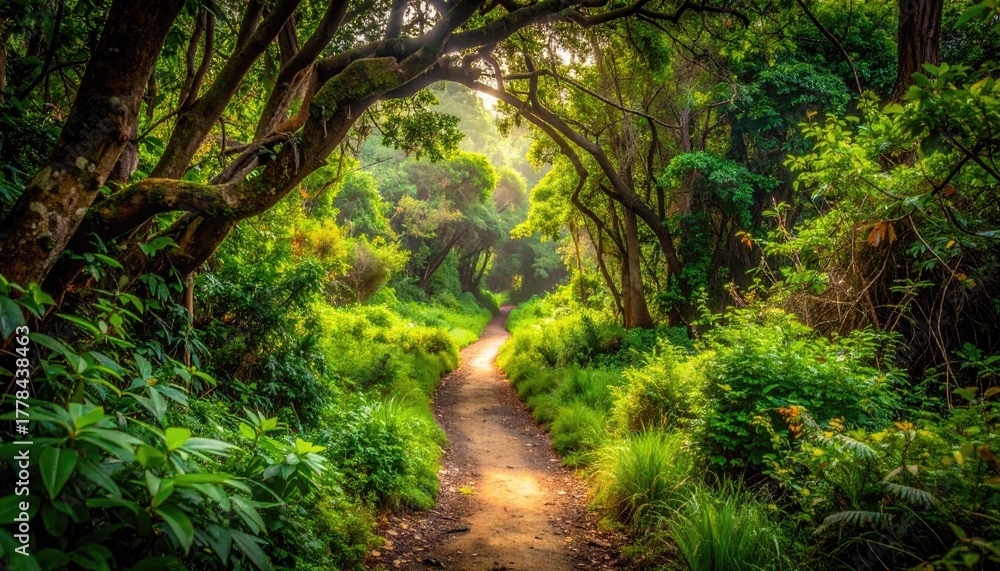Fototapeta premium Sunlight filtering through lush green trees illuminating a winding dirt path in a tropical forest during golden hour creating an inviting and serene atmosphere