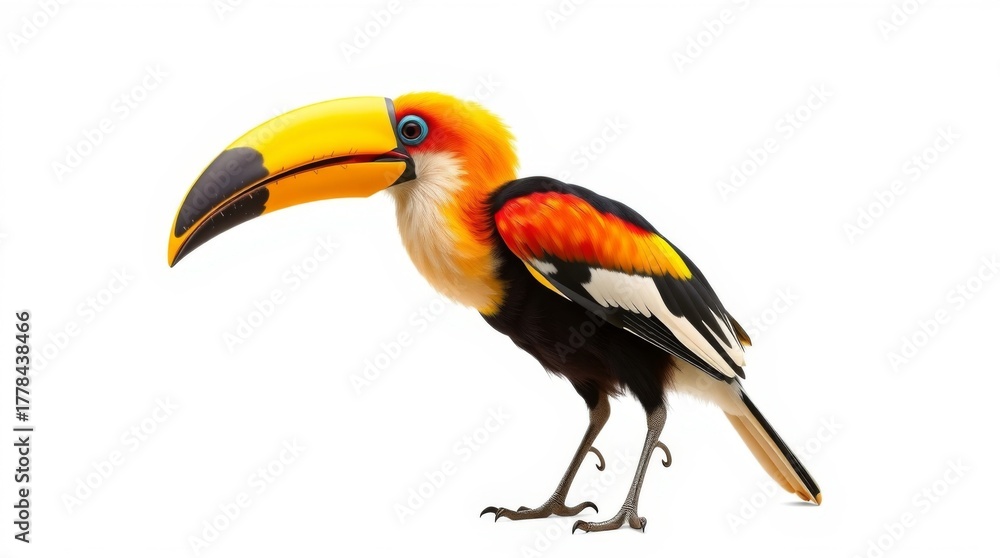 Obraz premium Colorful toucan with large yellow beak and vibrant plumage, isolated on white background, showcasing tropical beauty and wildlife