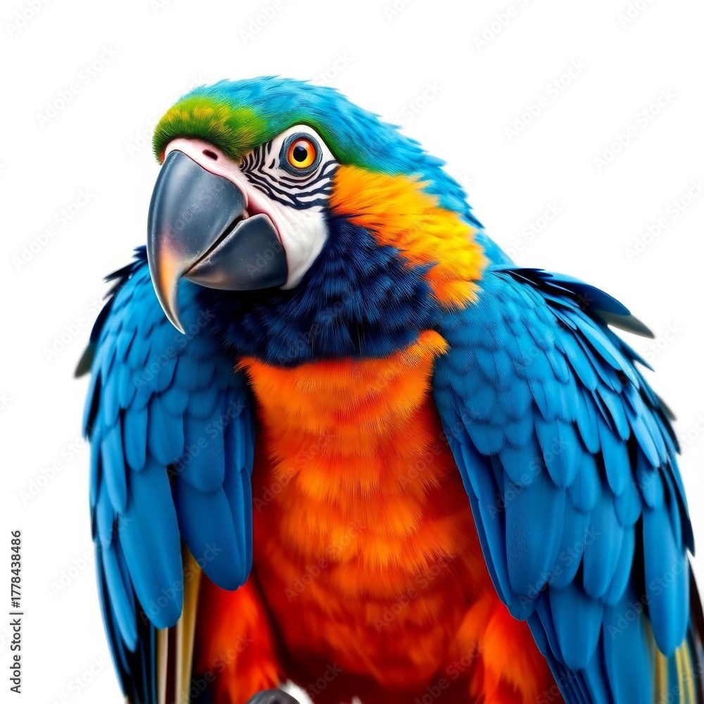 Fototapeta premium Colorful Parrot with Bright Feathers Displaying Vivid Blue, Orange, and Green Plumage in a Nature Setting