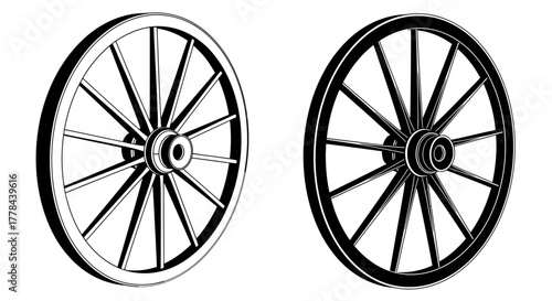 Two vintage wagon wheels shown in a simple black and white illustration