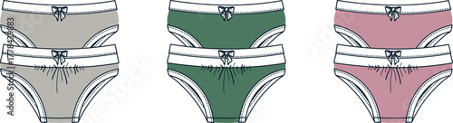 Vector illustration set of women's bikini panties in three color options. Technical fashion flat sketch of female underwear for apparel design