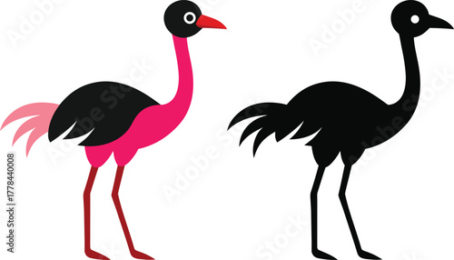 Two cartoon ostriches one in bright pink and black and the other a black silhouette on a white background