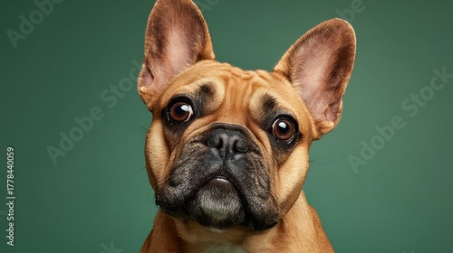 A close up of a fawn french bulldog with big ears against a solid green colored background looking at the camera