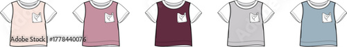 Apparel design template showcasing a men's jersey vest with a pocket over a t-shirt in five different colorways. Vector flat sketch for fashion technical drawing and clothing mockups