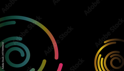 Modern rainbow spiral abstract corners. Vibrant glowing swirl arcs and minimal circular lines in multicolor on sleek black background.