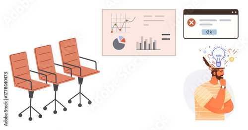 Three empty office chairs, data charts, error message window, man deep in thought with idea light bulb. Ideal for teamwork, analysis, brainstorming, problem-solving, strategy innovation business