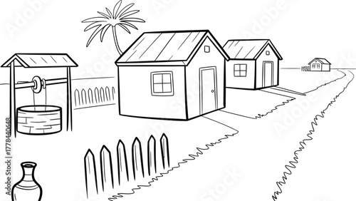 Simple village scene with houses a well and a fence