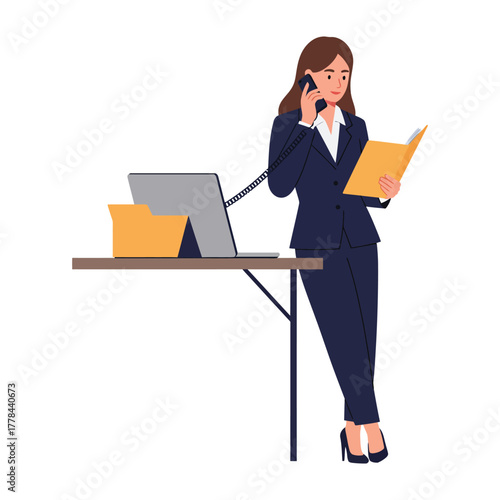 Businesswoman talking on phone checking documents at a desk