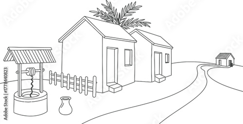 Simple line drawing of a village scene with houses and a winding road