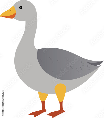 Cartoon illustration of a friendly gray goose standing on its orange legs with a white background