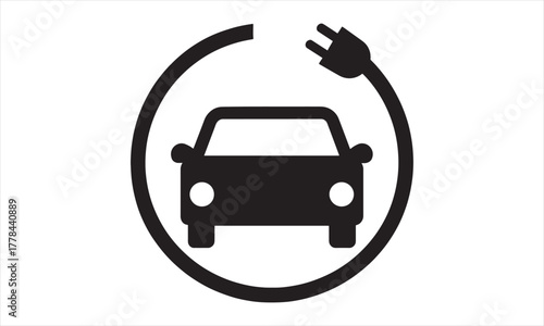 Electric Vehicle Charging Icon – Black Car Silhouette with Plug Loop for EV, Sustainability, and Eco Transport