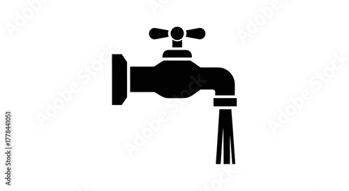 Simple black silhouette of a water tap with flowing water stream