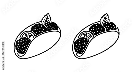 Two simple black and white illustrations of blackberry tarts with mint