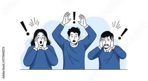 A group of individuals in a state of panic, shock, and distress, reacting to an urgent warning or overwhelming situation with expressive gestures.