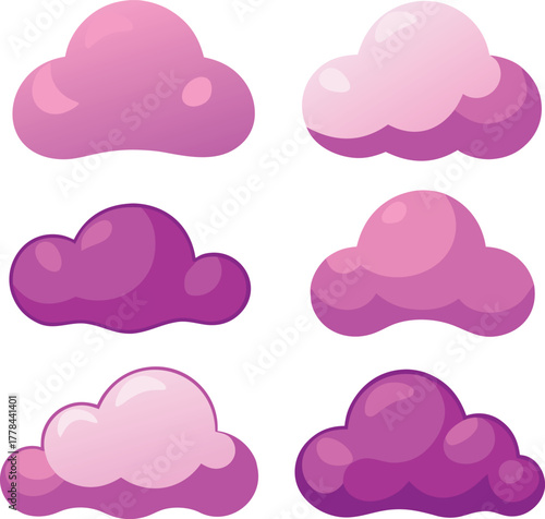 Set of six pink and purple cartoon clouds vector illustration