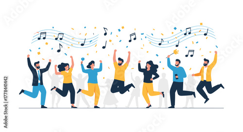 Cheerful diverse group of young adults dancing, jumping, and celebrating with musical notes and falling confetti at a vibrant party.