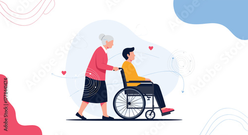 An elderly woman gently pushes a young man in a wheelchair, illustrating compassionate care and support for people with disabilities.