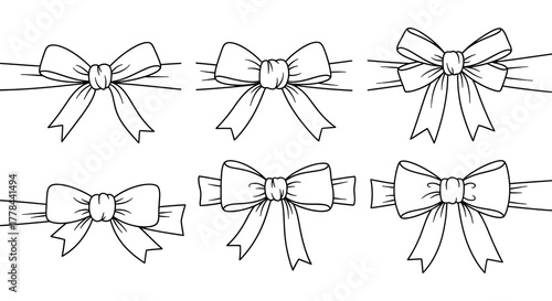 Collection of six hand drawn decorative bows and ribbons in a simple sketch style