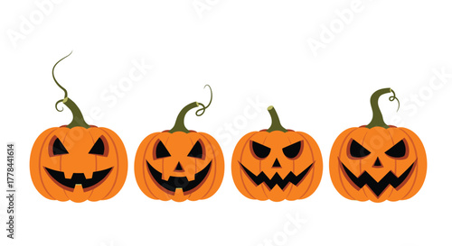 Four vibrant orange jack-o'-lanterns with spooky carved faces and green stems, ready for Halloween celebrations.