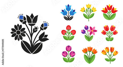 Colorful floral arrangements and black silhouette flowers in a design collection