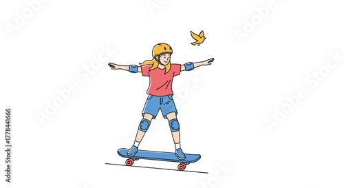 A cheerful girl wearing a helmet and pads glides on a skateboard, maintaining balance with outstretched arms, accompanied by a flying bird.