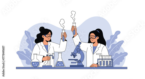 Two female scientists collaborate in a modern laboratory, performing experiments with bubbling test tubes, symbolizing scientific research and discovery.