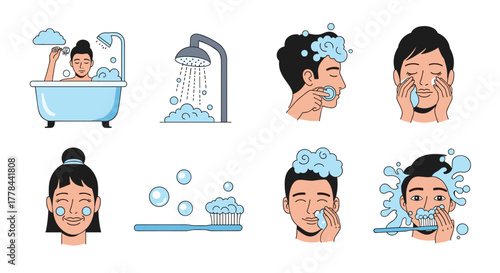 A collection of illustrations depicting various daily personal hygiene and self-care routines, including bathing, showering, face washing, and teeth brushing.