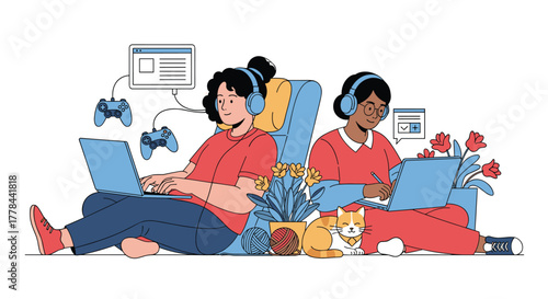 Two young women enjoying digital activities side-by-side at home, one gaming and the other working, with pets and plants.