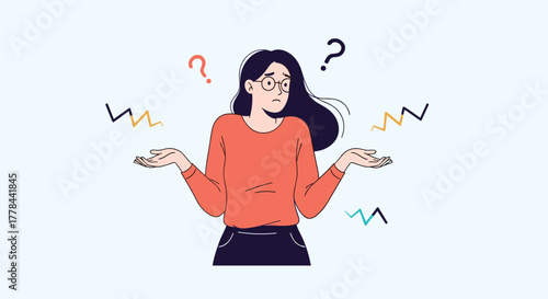 A young woman in glasses shrugging her shoulders with a confused expression, surrounded by question marks and symbols of uncertainty.