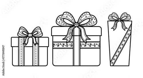 Three hand drawn outline gift boxes with ribbons and bows for holidays and celebrations