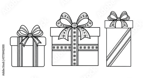 Three hand drawn gift boxes with decorative ribbons and bows in a simple line art style